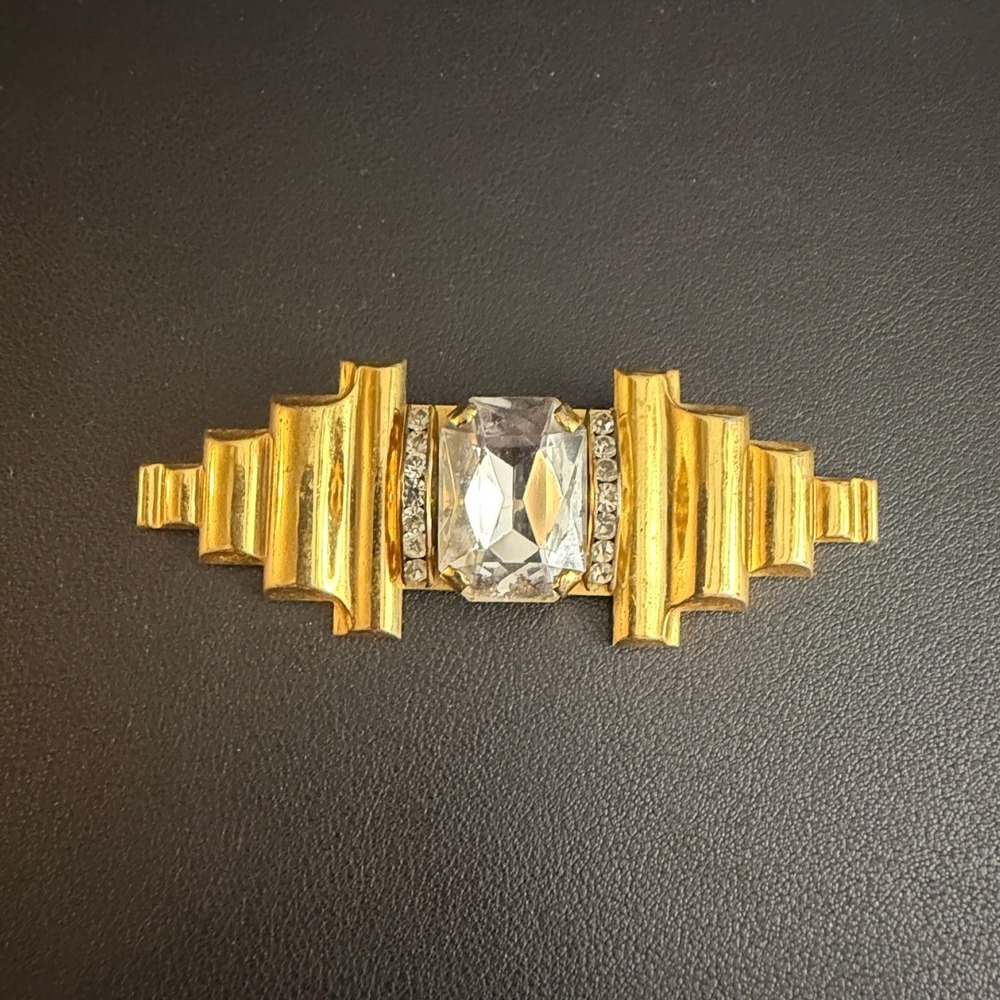 Vintage Art Deco Revival Brooch Rhinestone Gold Tone Large Statement Pin